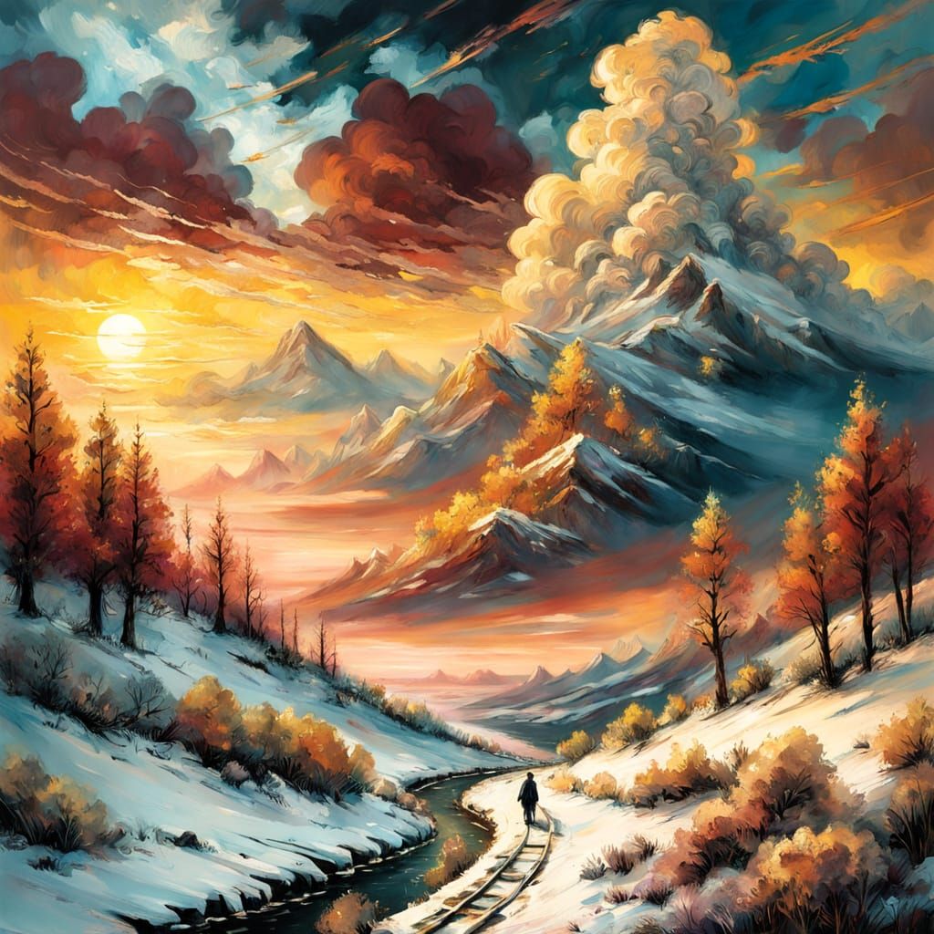 Cityscape with Snowy Ice and Colorful Ink, Impasto Painting