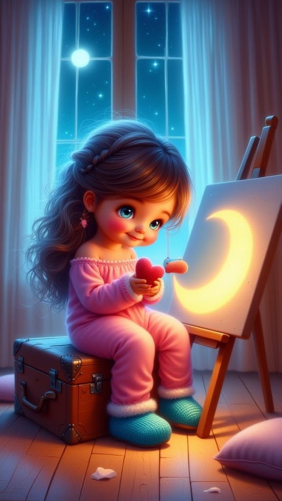 Cute Toddler Girl Painting Moon in Cozy Room
