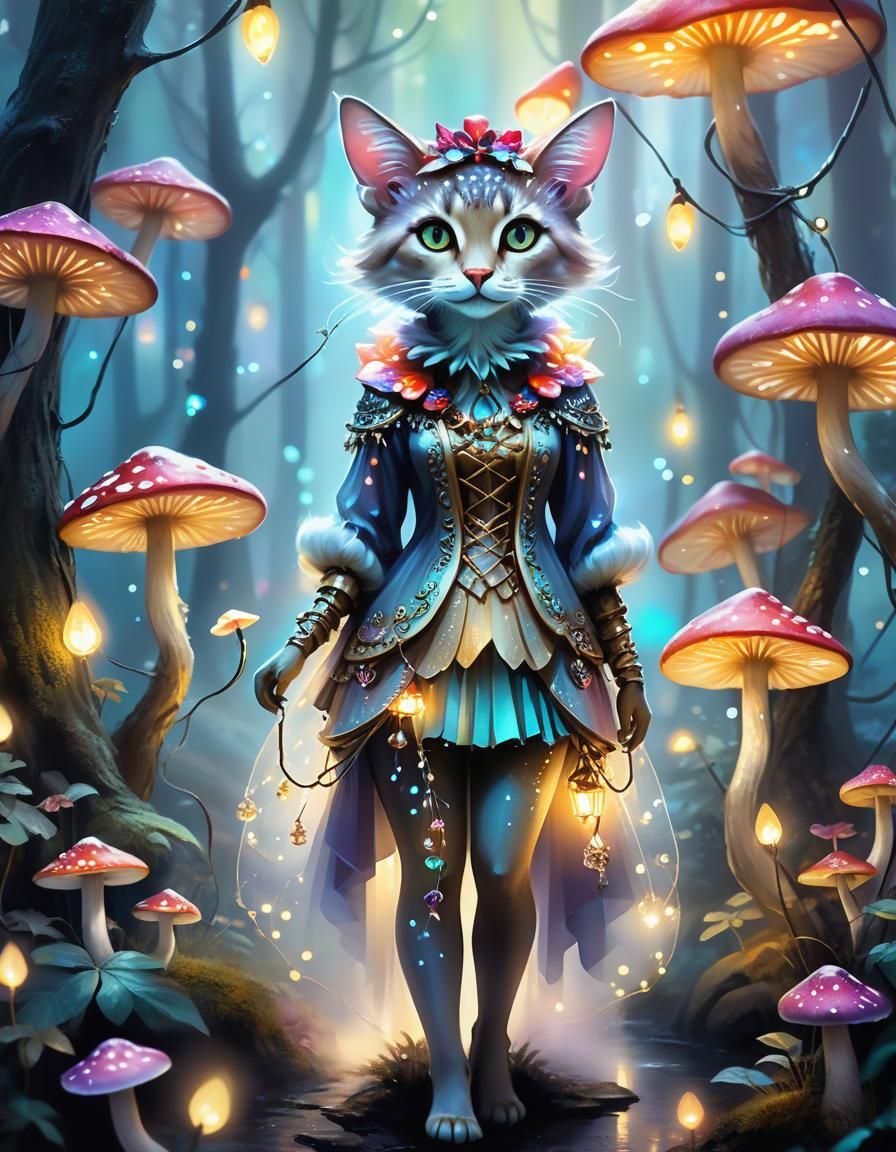 Ethereal Fantasy Tabaxi Fashionista in Misty Forest