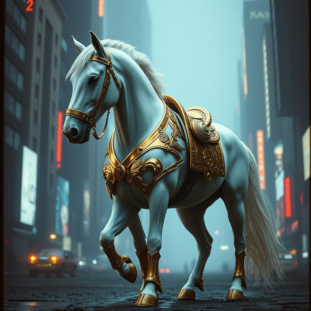 Cyberpunk Horse in Golden Plates: Dystopian Film Still