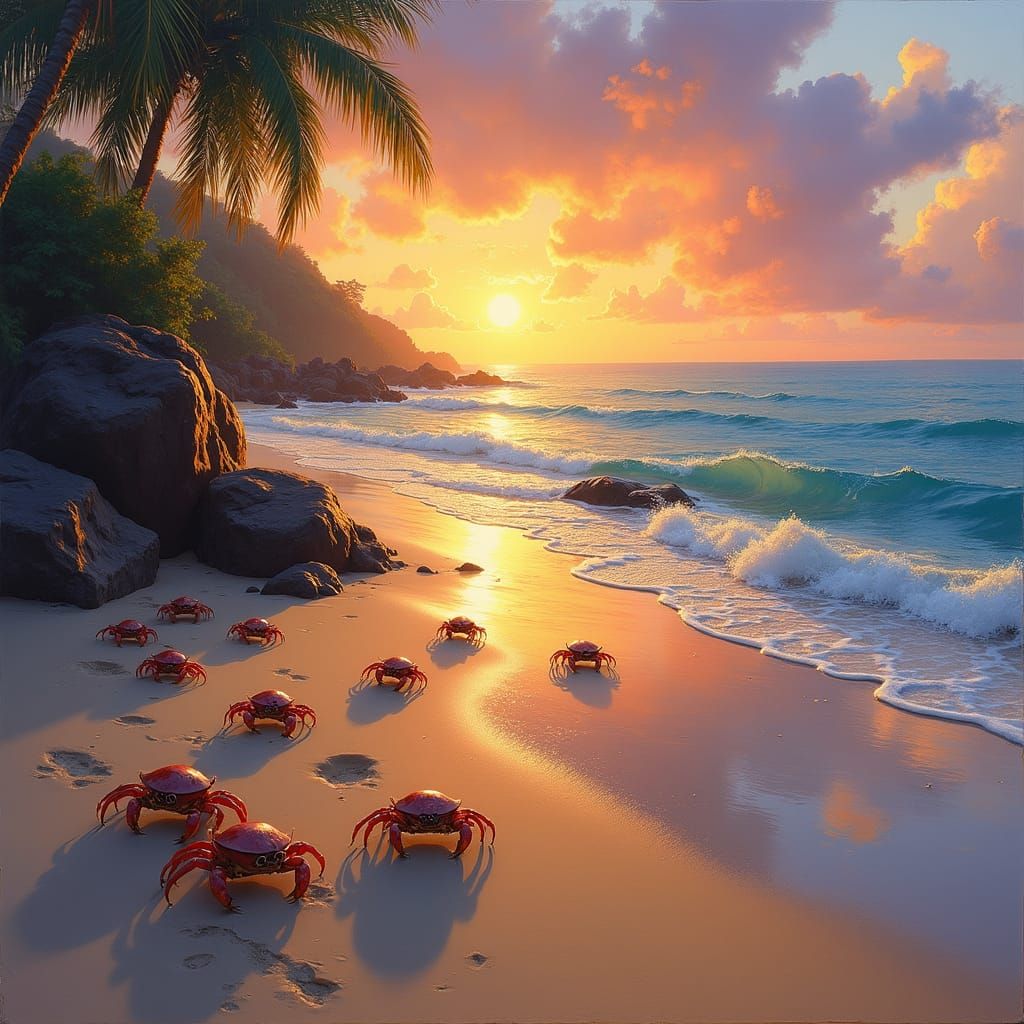 Sunset Beach Crabs in Impressionist Style