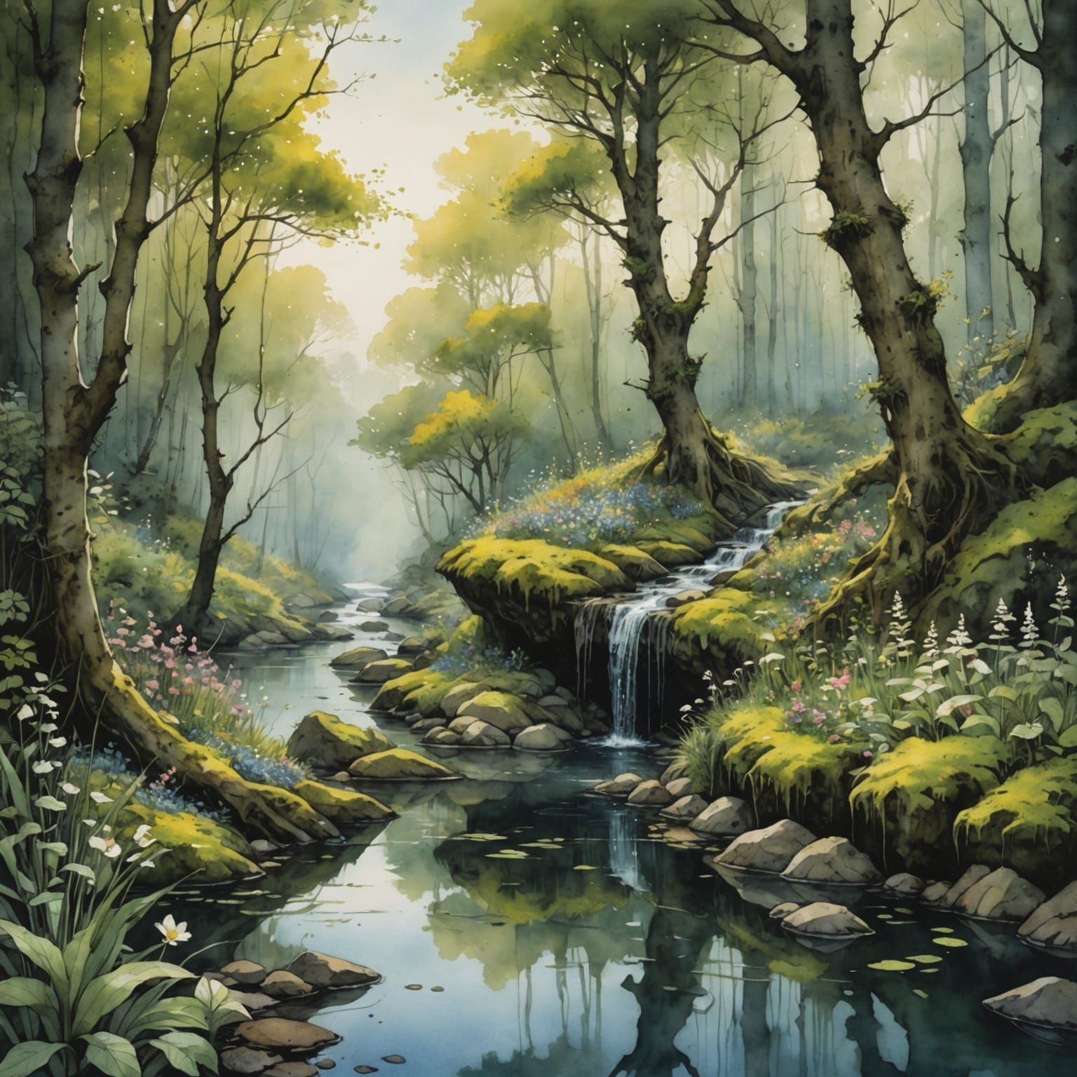 Spring Forest River in Watercolor and Ink