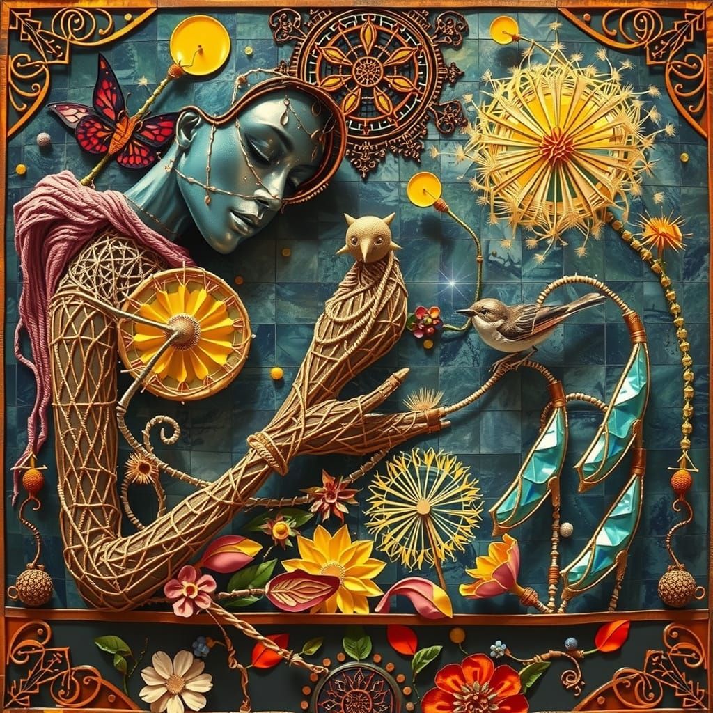 String Woman Kissing Bird: Bio-Art Portrait