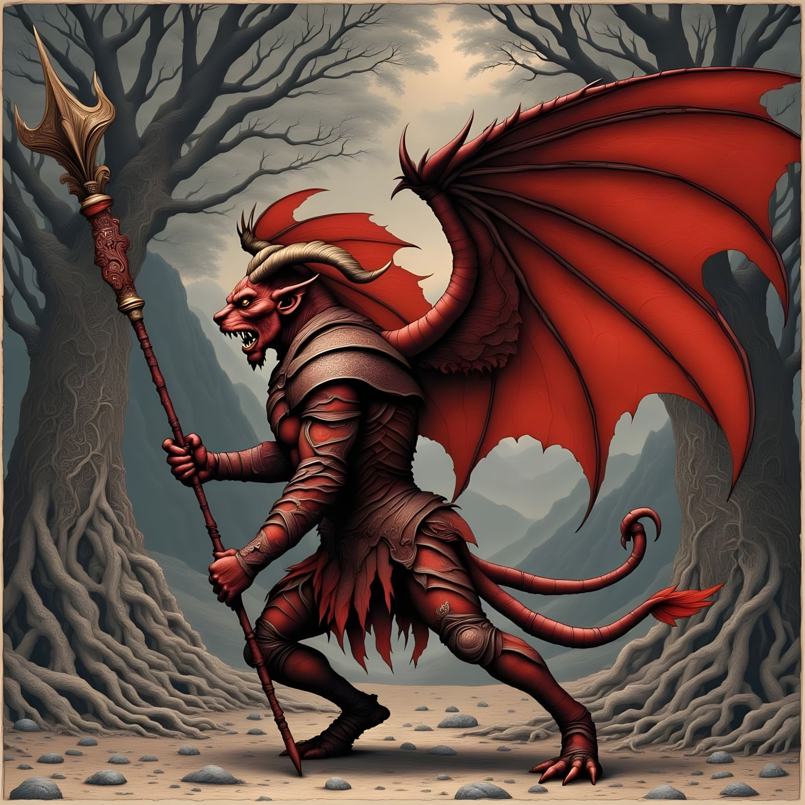 Winged Demon Figure in Drypoint Style