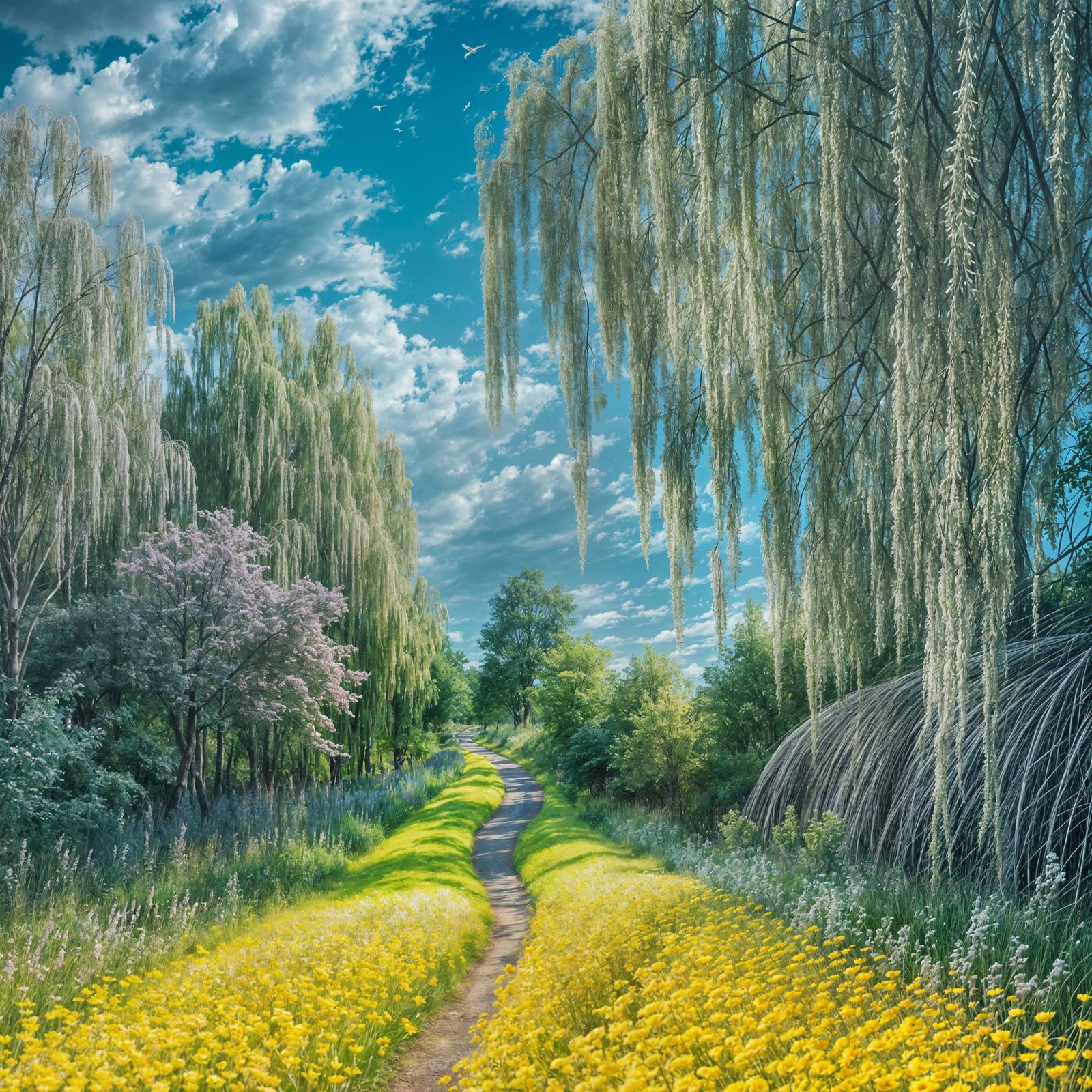 Whimsical Spring Landscape with Birds and Blooms