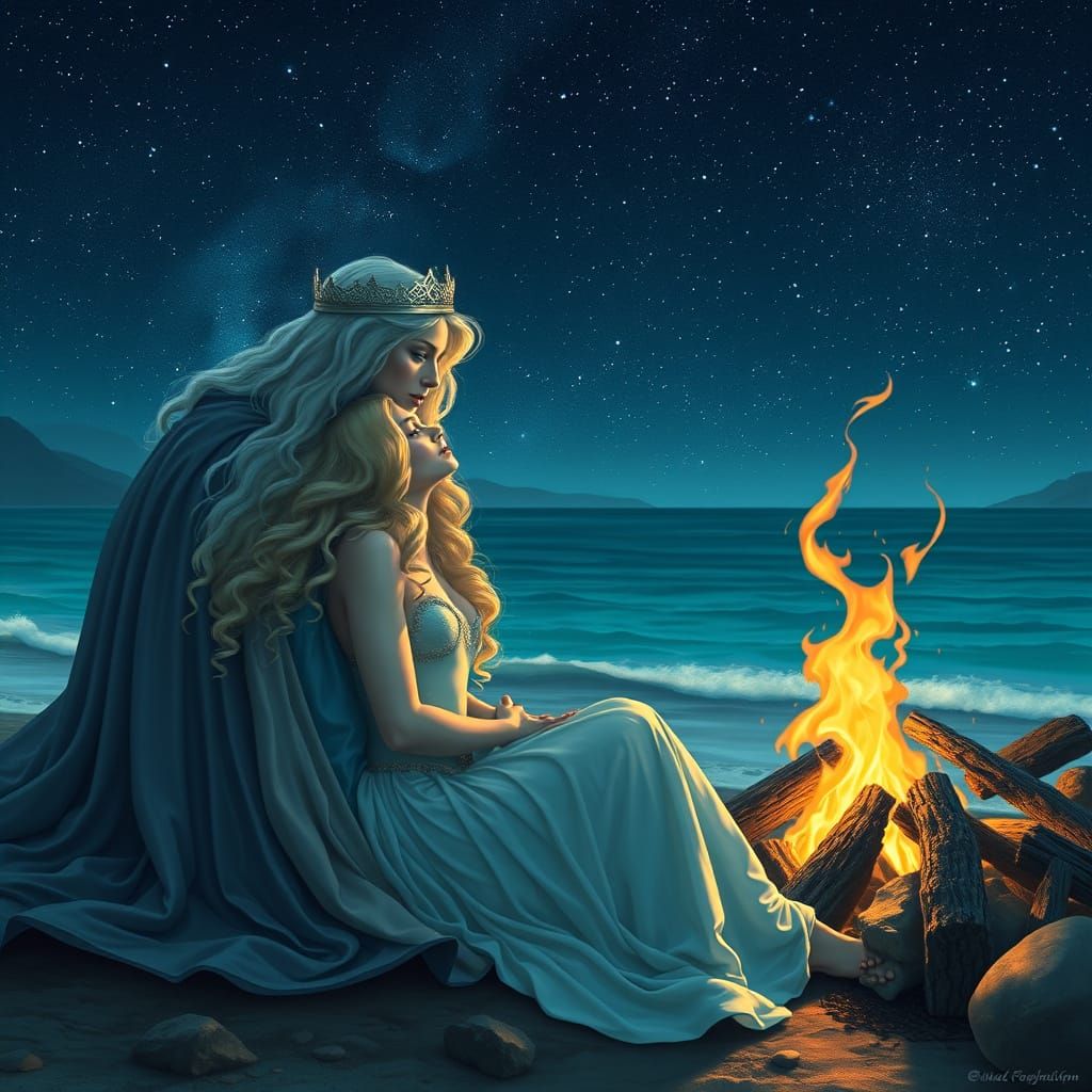 Blonde Woman and King by Sea, Art Nouveau Style