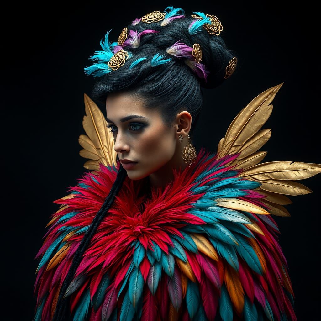 Fantastical Woman with Feathers and Wings