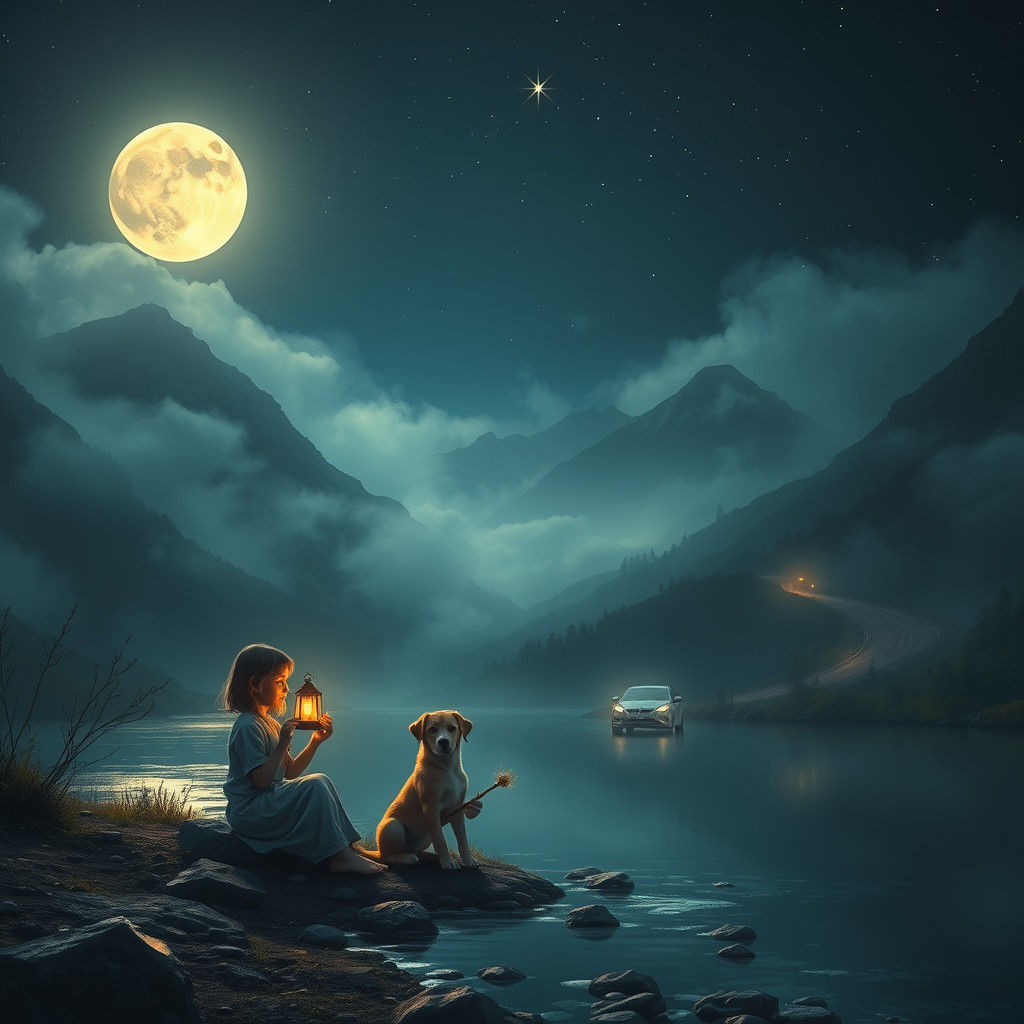 Mystical Starry Night Scene with Girl and Puppy