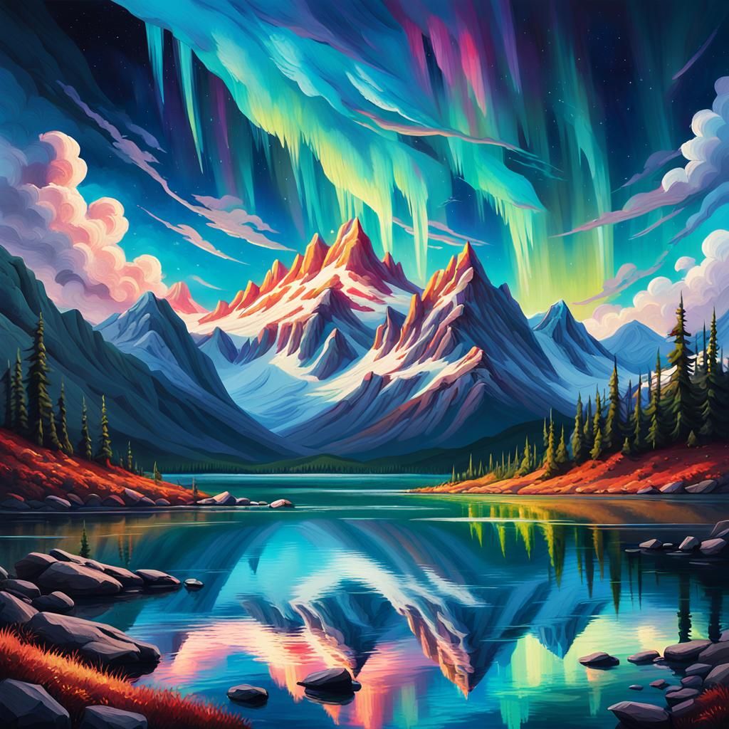 Mystical Mountain Range Under Aurora: Oil Painting