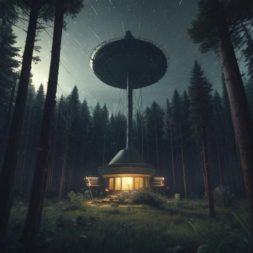 Radio Station Under UFO Watch in Forest Night