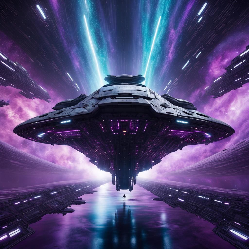 Futuristic Spaceship and Warp Field in Nebula