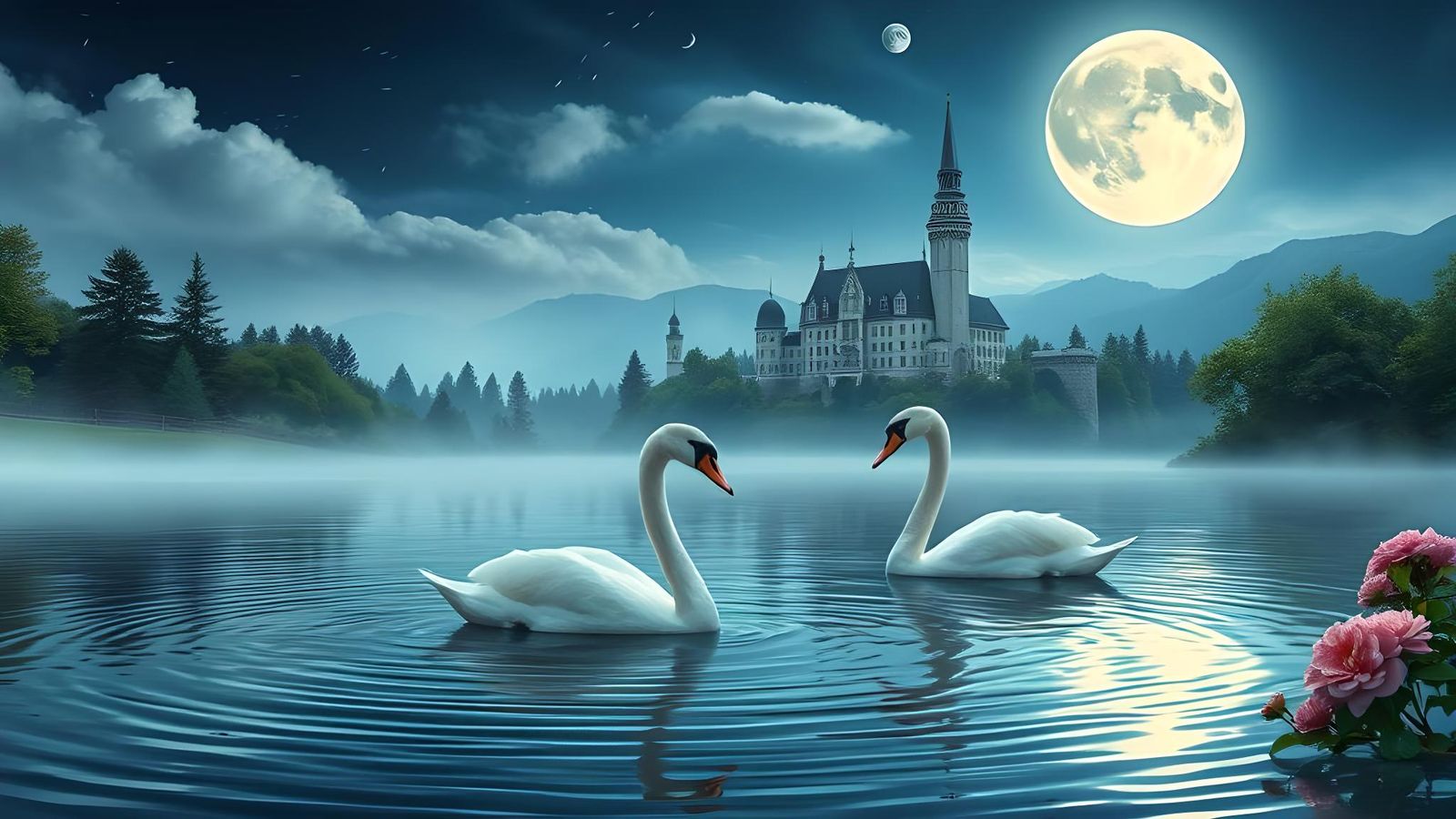 Swans on Pond with Castle Moon Projection