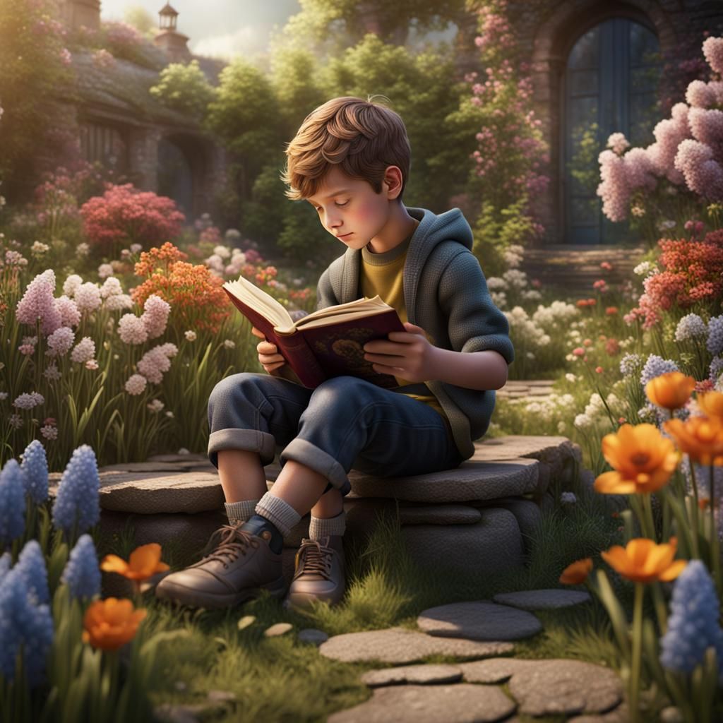 Boy Reads Book in Spring Garden: Detailed Matte Painting