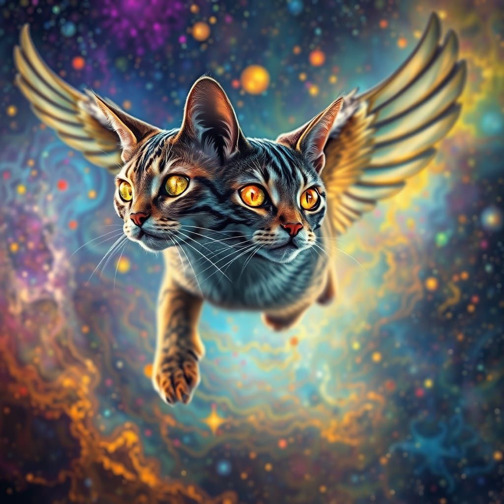 Majestic Flying Cat Soars Through Vibrant Cosmic Dreamscape