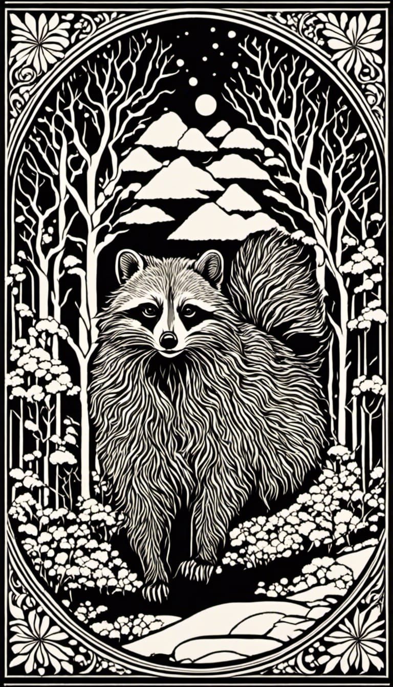Raccoon in Winter Forest, Alphonse Mucha Woodcut