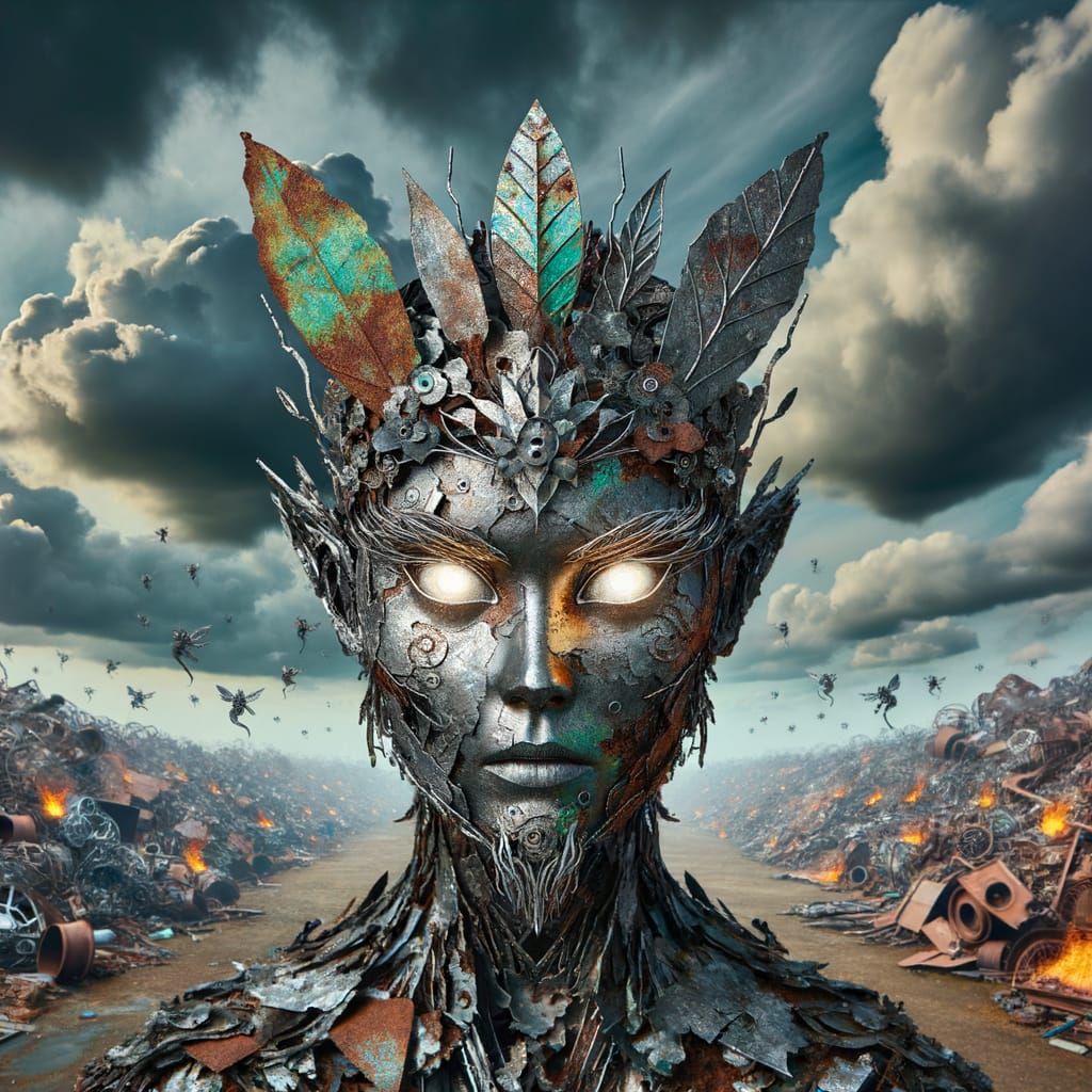 Menacing Scrap Metal Fairy in Junkyard with Glowing Eyes