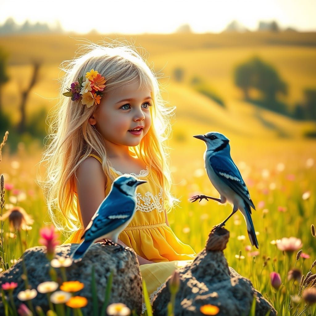 Lively Girl Converses with Blue Jay in Vibrant Meadow