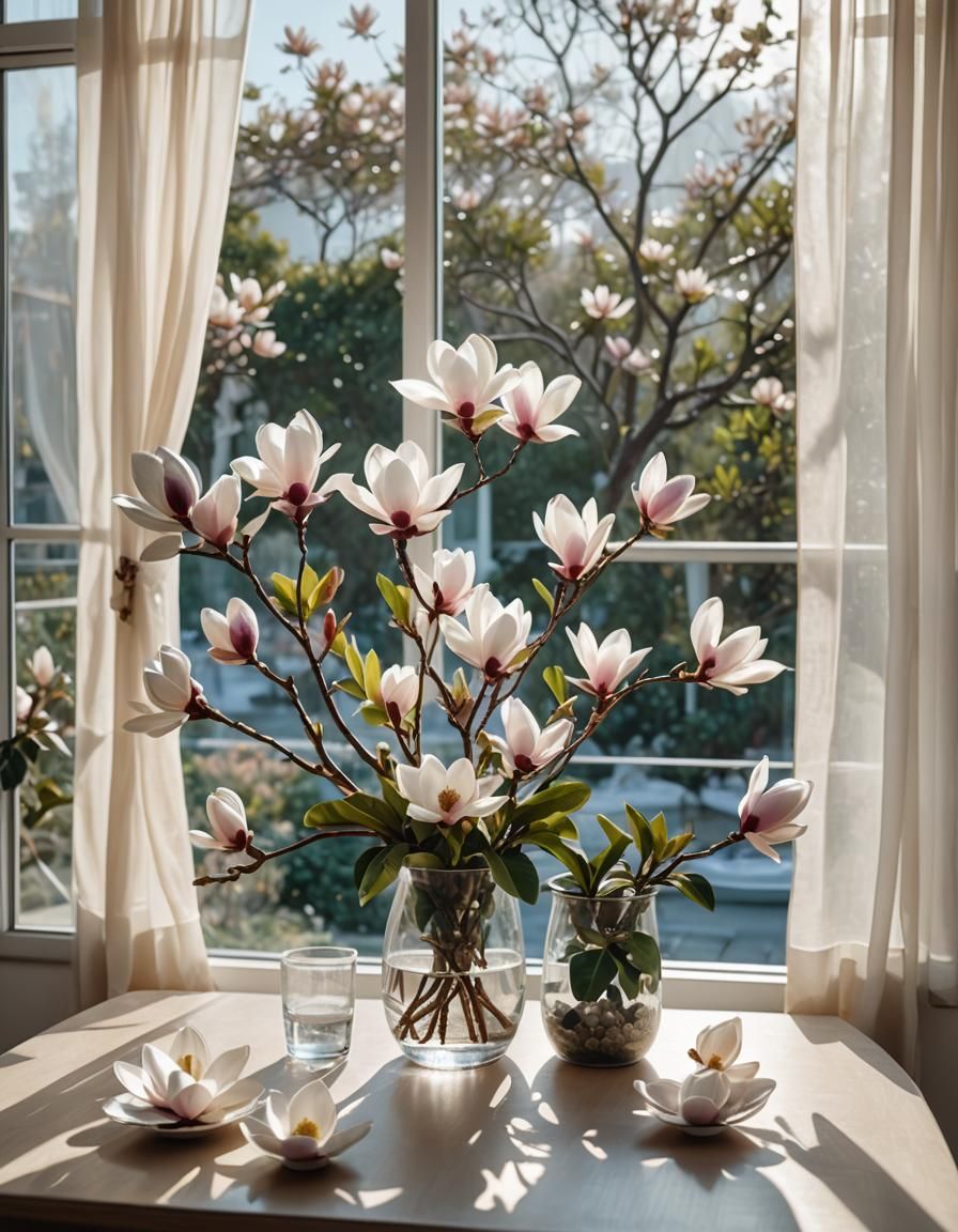 Magnolia Flowers on a Veranda in Hyperrealistic Photography