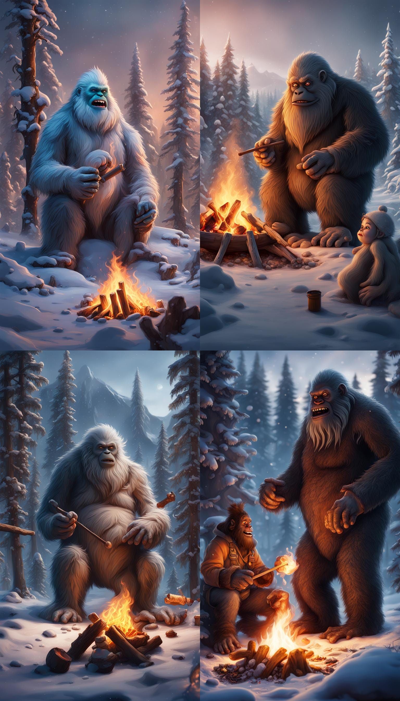 Bigfoot and Yeti Roasting Marshmallows: Fantasy Concept Art