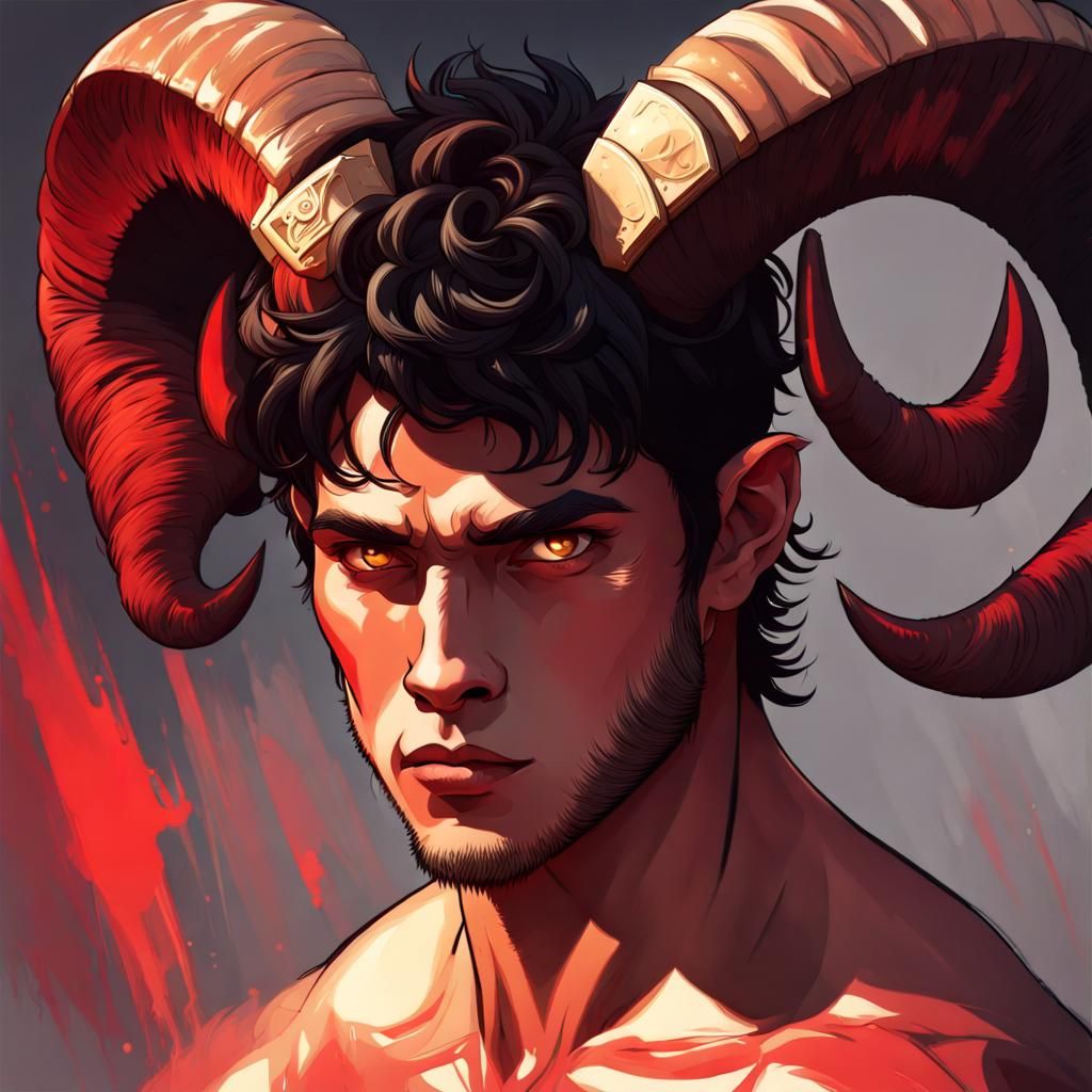 Handsome Red-Skinned Man with Ram Horns and Wings