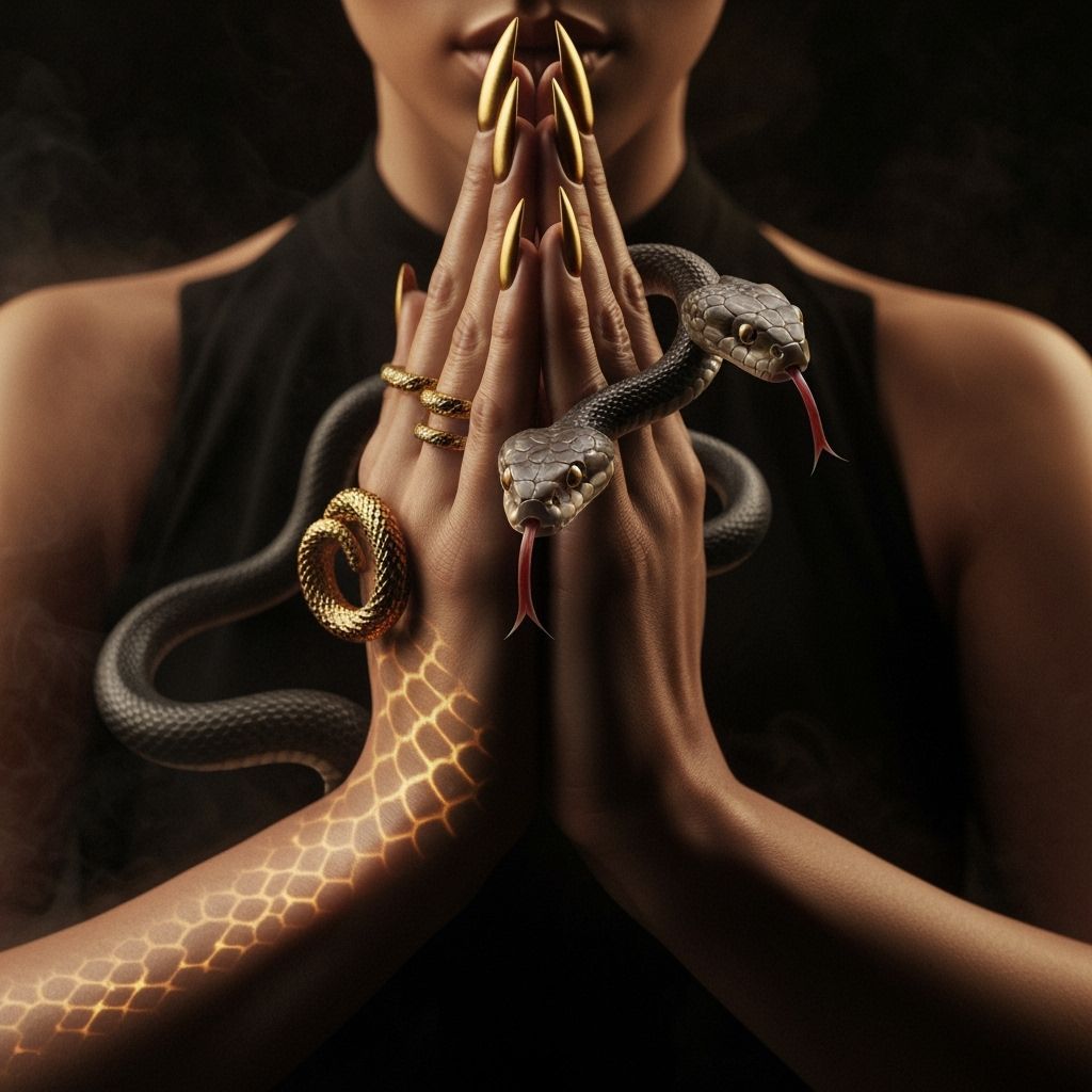 Woman's Hands in Prayer with Gold Nails and Snake, Editorial...