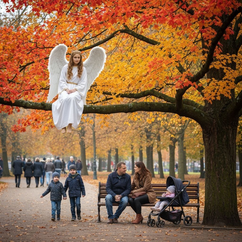 Angel in Autumn Park Watching Crowds