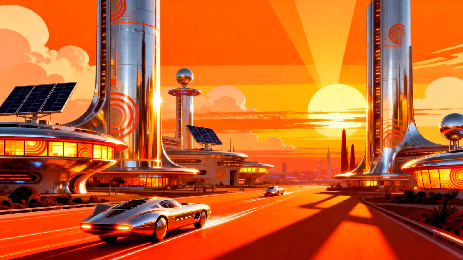Retro-Futuristic Cityscape in Warm Orange Hues