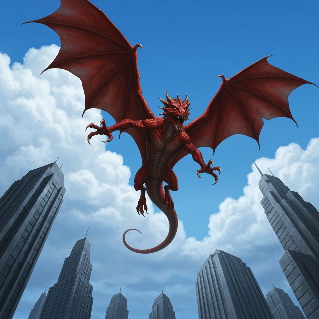 Red Dragon Soaring Over Futuristic Cityscape