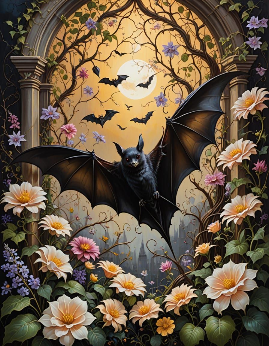 Gothic Bat in Romantic Oil Painting with Flowers