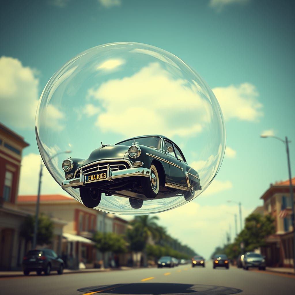 Vintage Cars Hovering in Bubbles: Whimsical Cinematic Art