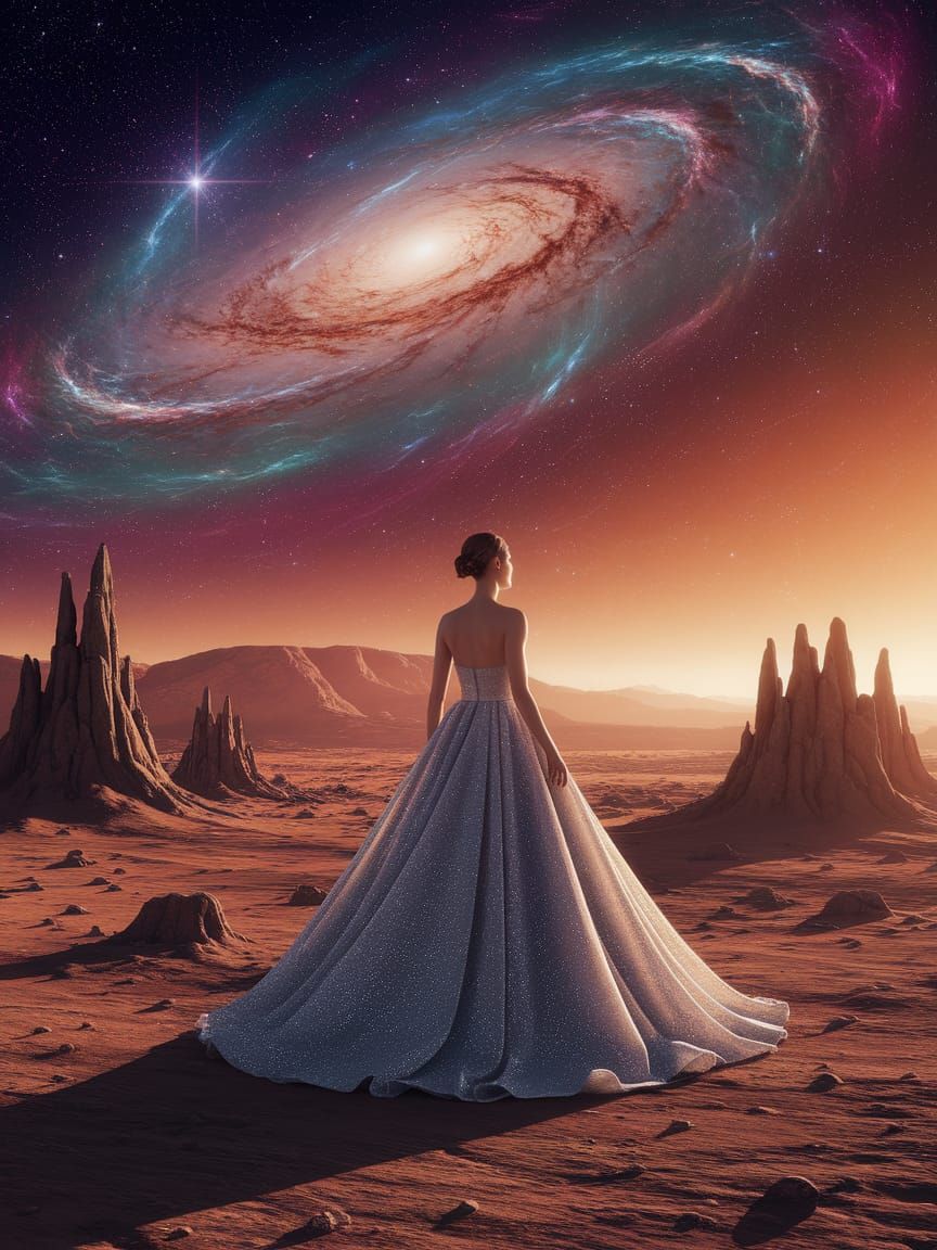Woman Gazes at Alien Sky in Digital Painting