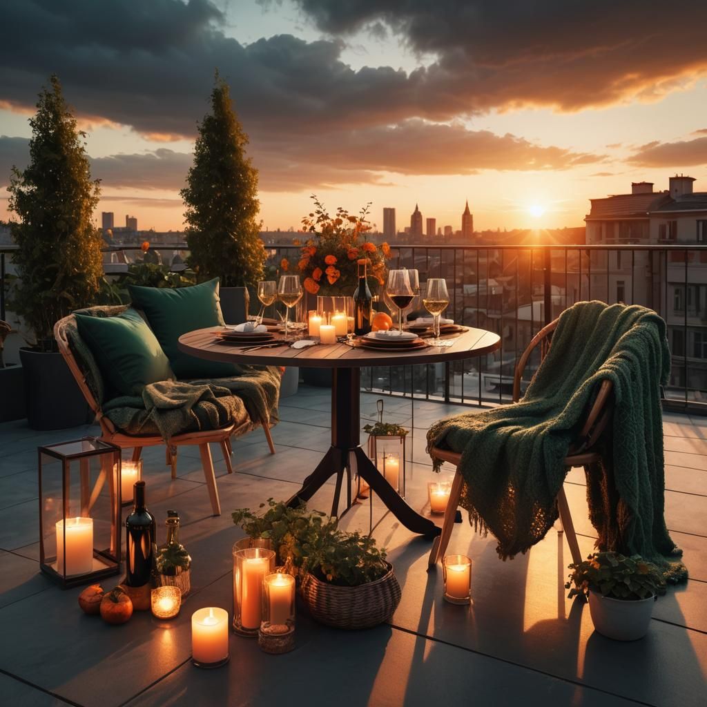 Romantic Rooftop Dinner at Sunset in Luxury
