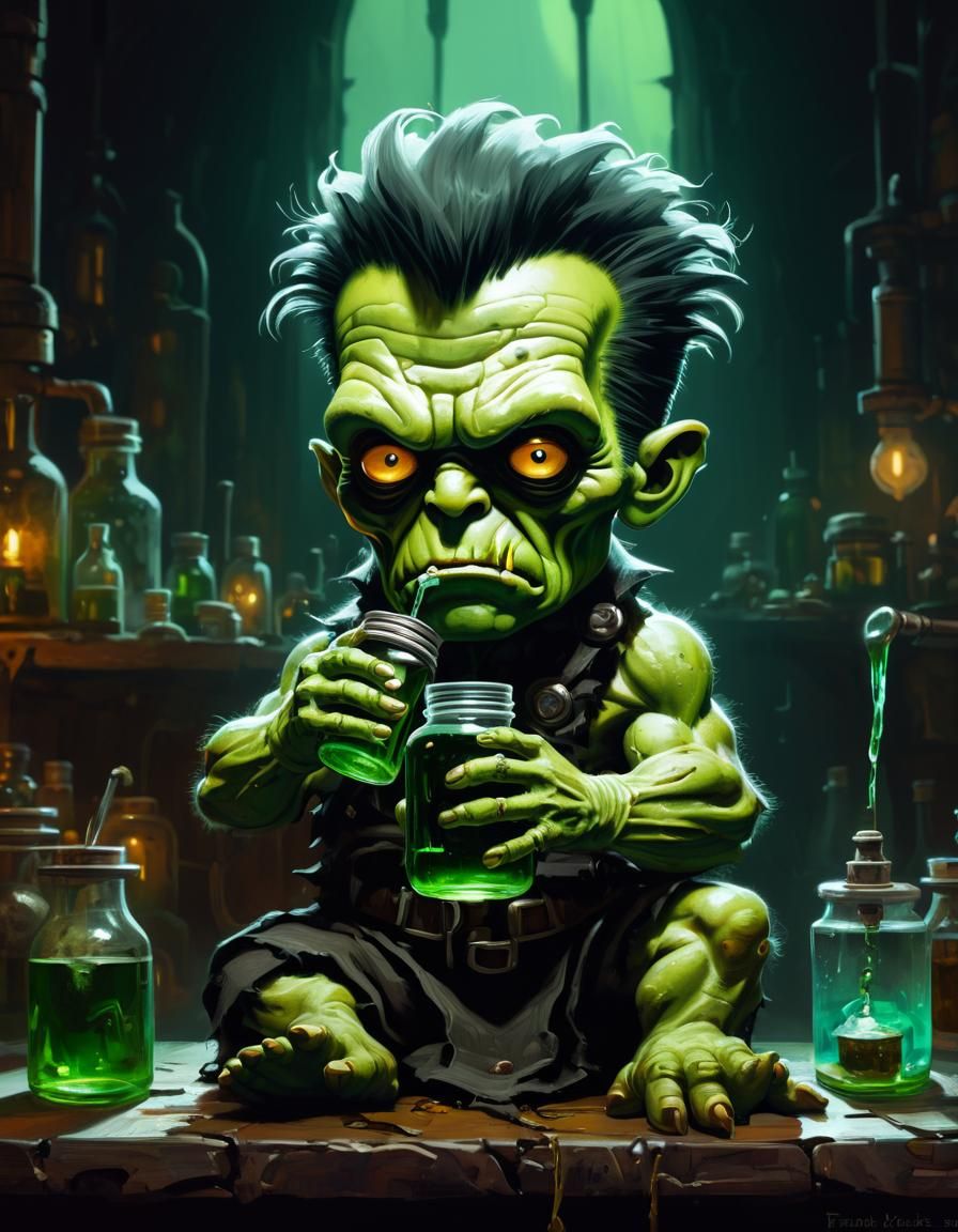 Chibi Frankenstein in Maximalist Lab, Dark Fantasy Style