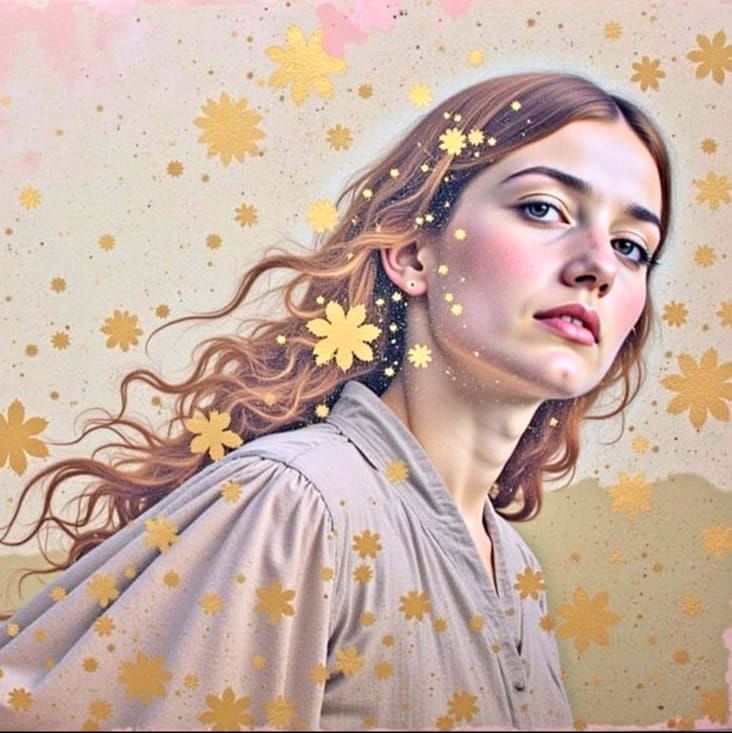 Woman with Floral Background in Klimt Style