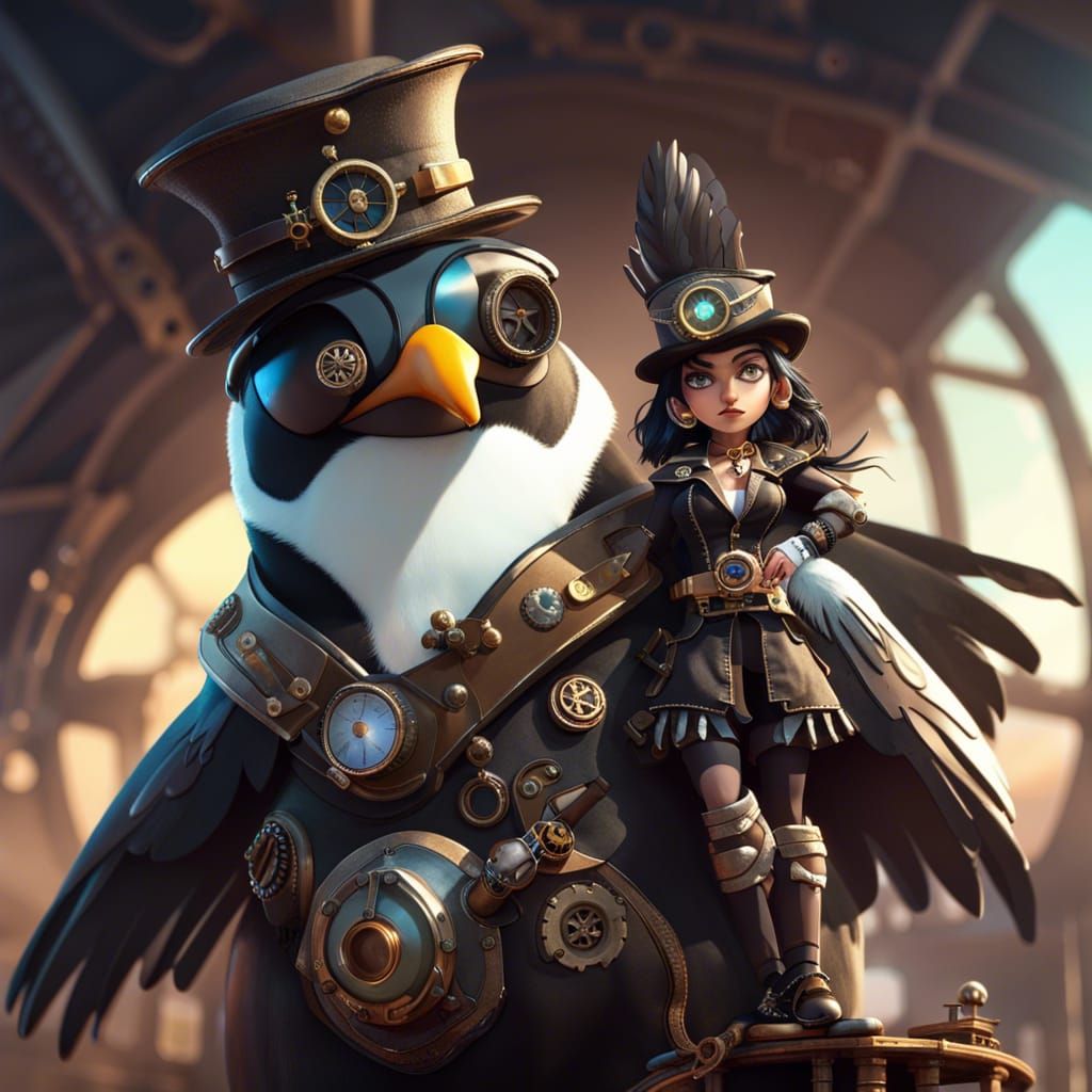 Steampunk Penguin Pirate Captain on Airship