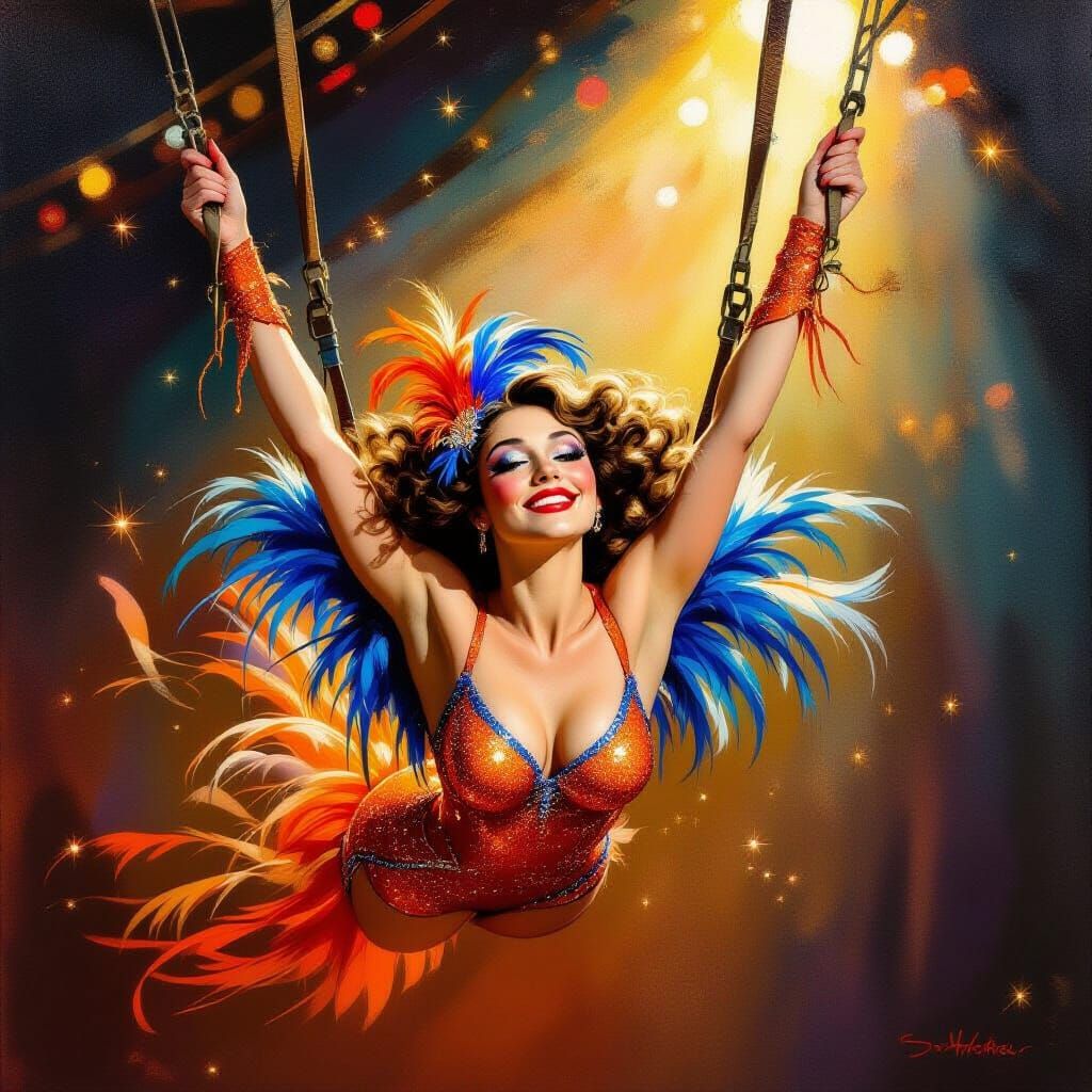 Showgirl on Trapeze in Fiery Orange Costume