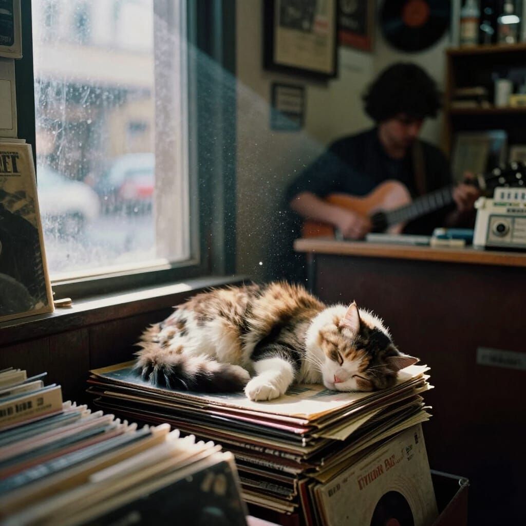 Fluffy Calico Cat Naps on Vinyl Records in Lo-fi Aesthetic