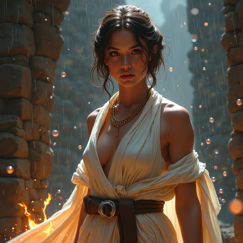 Strong Princess Leia in Gossamer Robes Against a Rainy Stone...