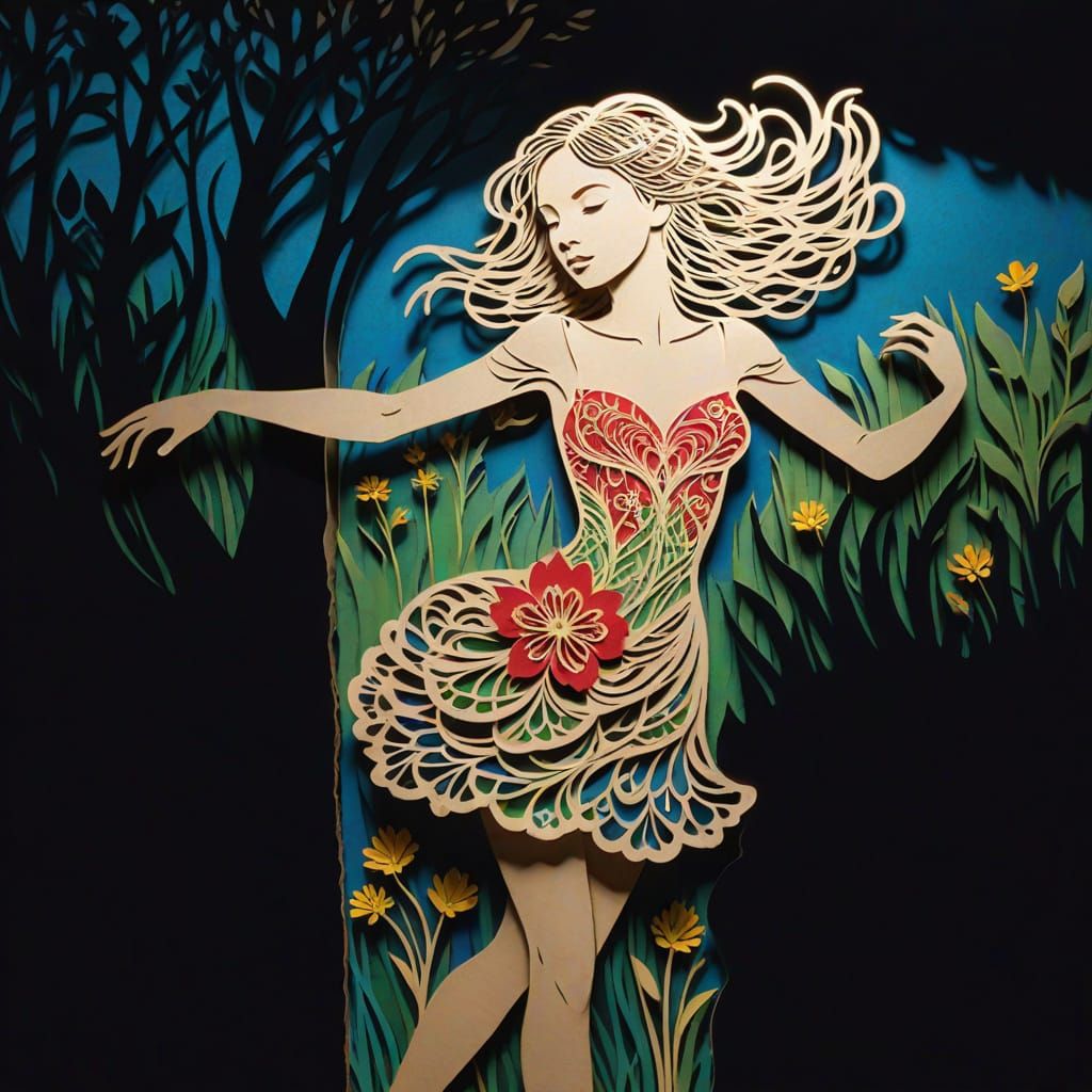 Mysterious Dancer in Meadow as Etched Papercut Artwork
