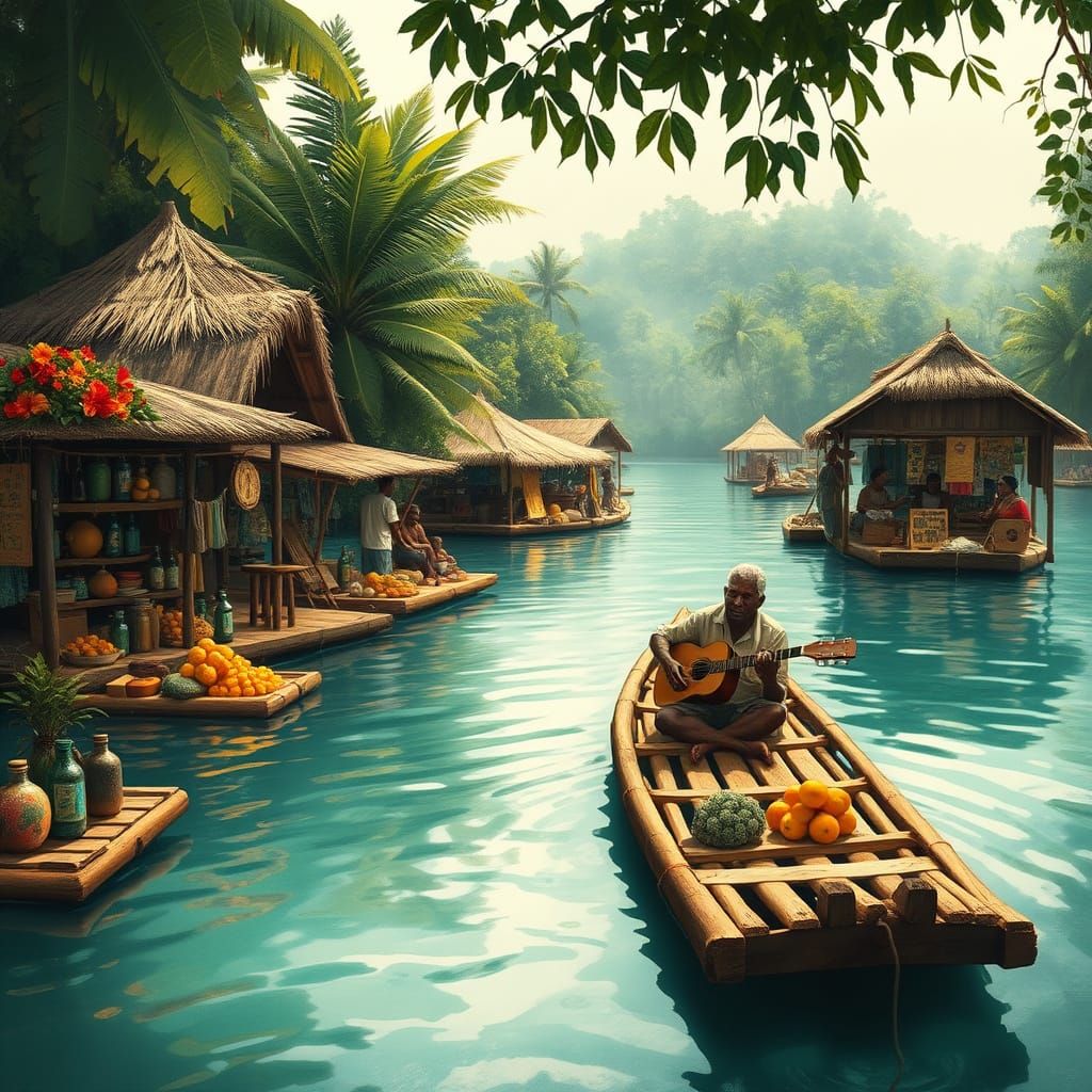Jamaican Floating Market Scene in Earthy Style