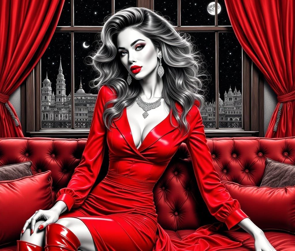 Monochromatic Red Portrait of a Woman in Ink Style