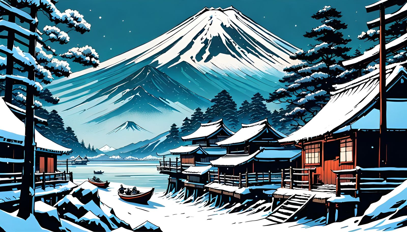 Mount Fuji Winter Scene in Silkscreen Style