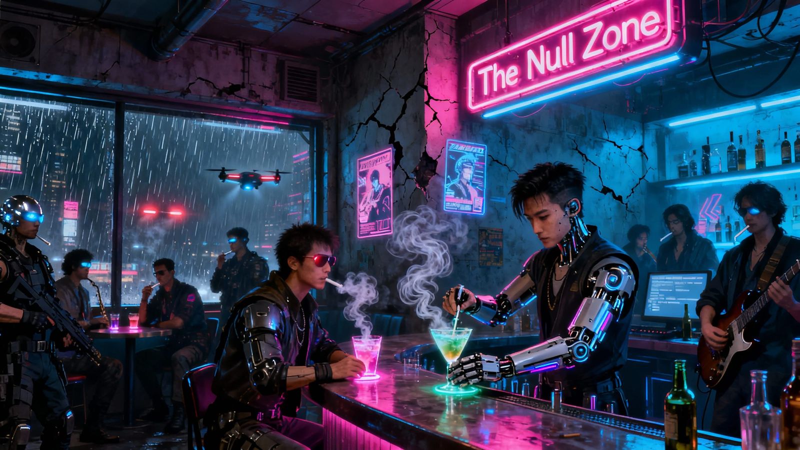 Neon-Lit Cyberpunk Bar Interior at Midnight