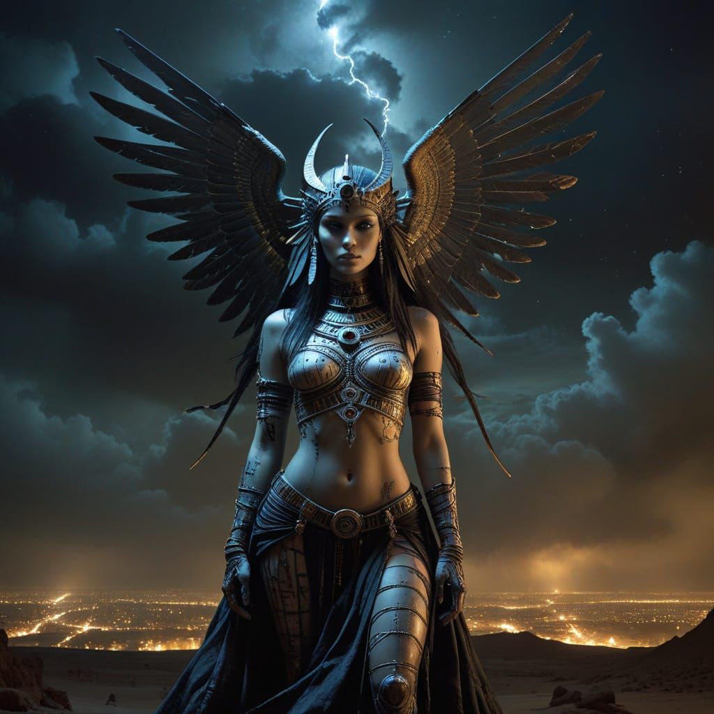 Glowing Hieroglyphic Goddess in Dreamy Dystopian Nightscape