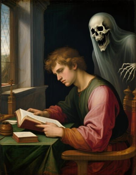 Renaissance Ghost Lurks Behind Man Reading