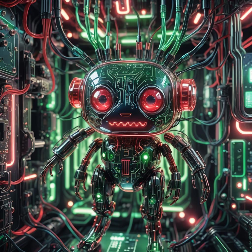 Cyberpunk Circuit Board Creature in Crystal Glass