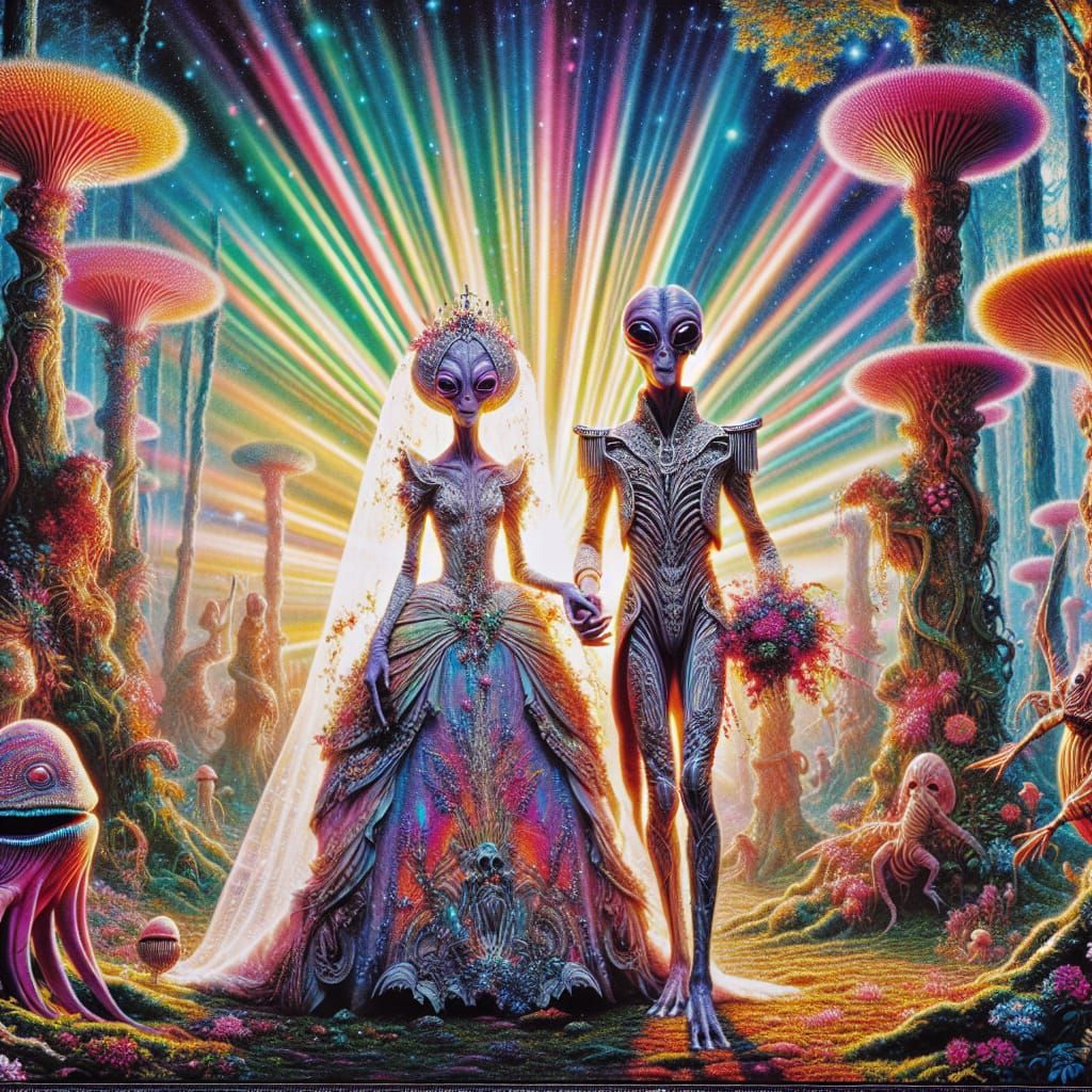 royal alien wedding walking in alien forest  cinematic hyper...