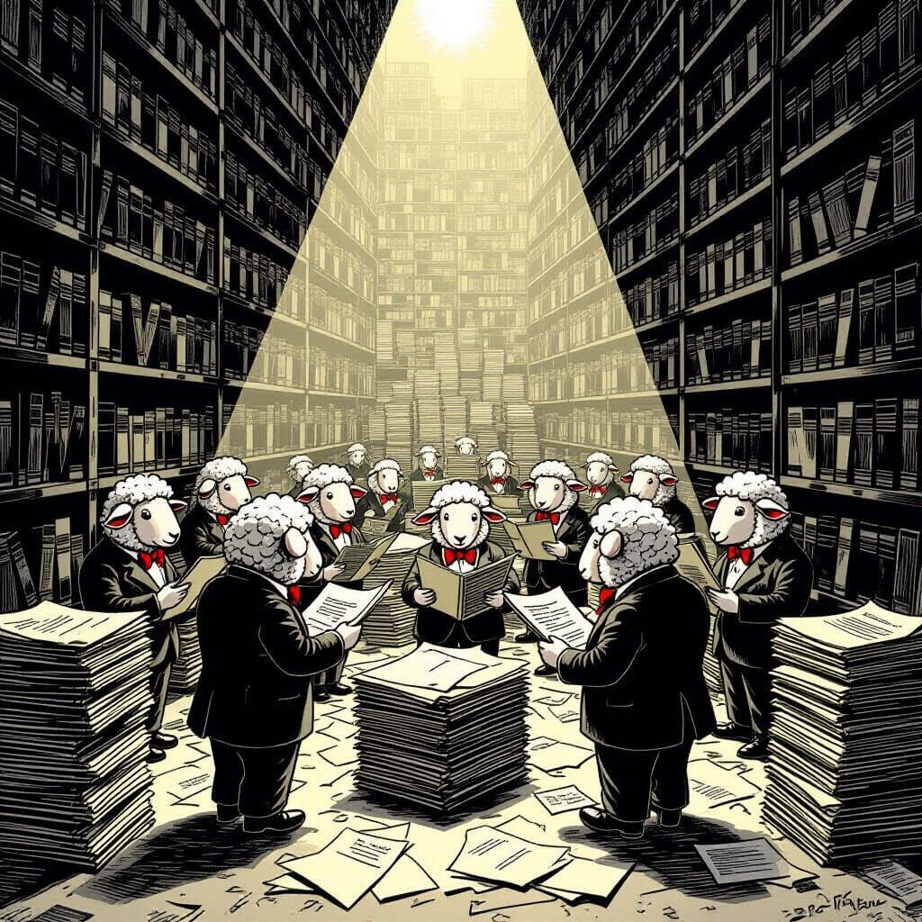 Sheep Bureaucrats Sorting Paperwork in Archive