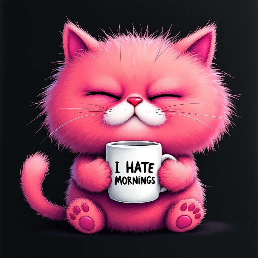 Pink Plush Cat Caricature with Coffee Mug