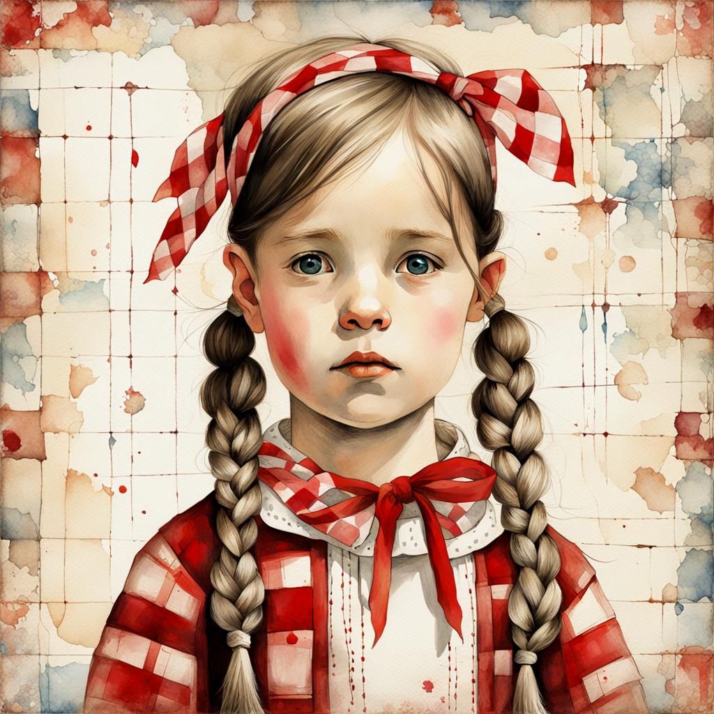 Charming Watercolor Portrait of Girl with Pigtails